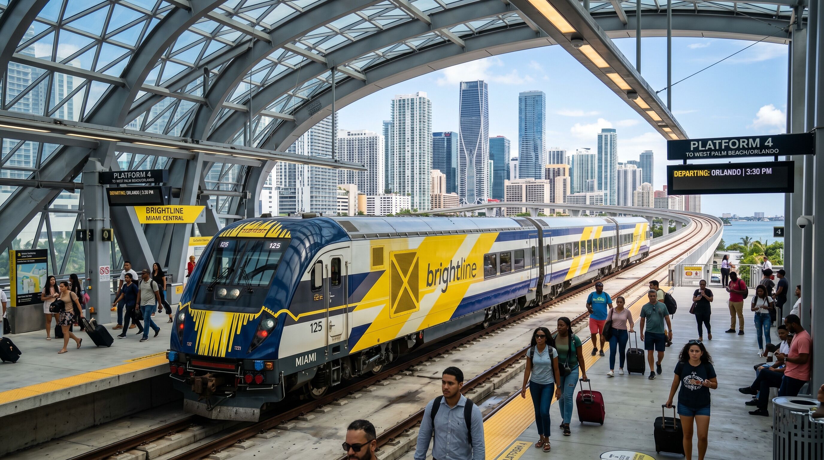 A Brightline train at Miami Central station with a city skyline in the background.