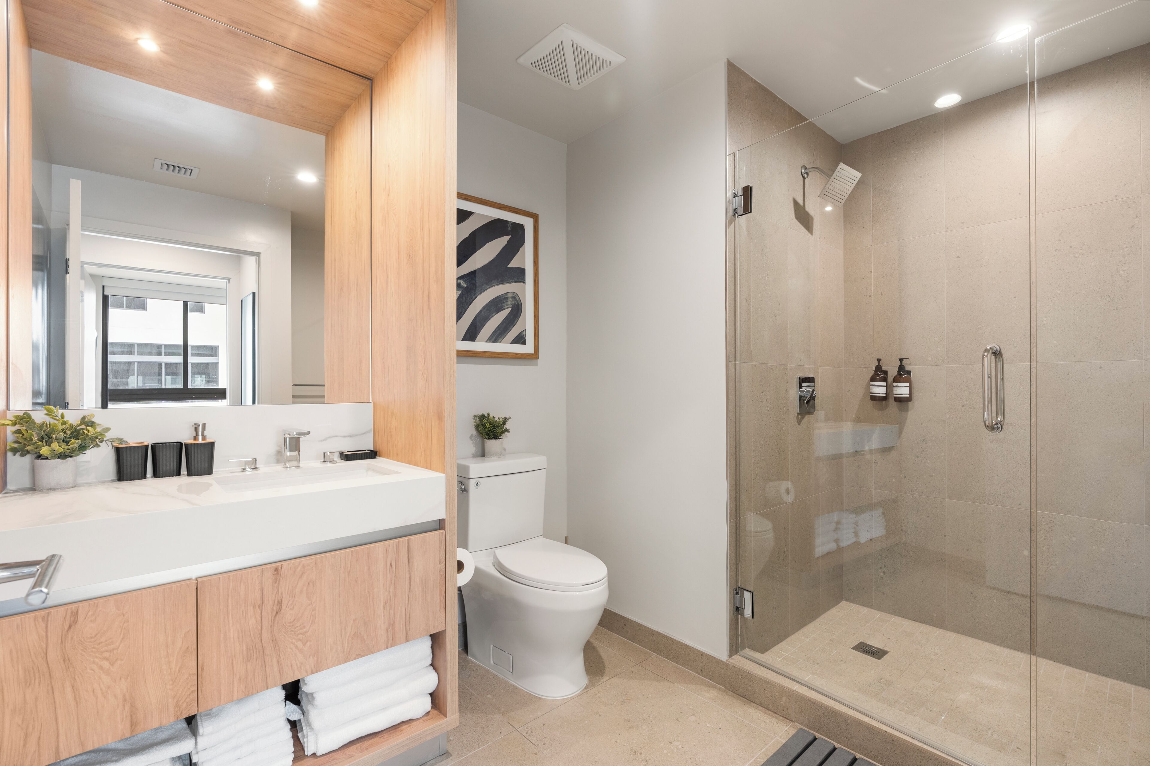 A modern bathroom with a glass-enclosed shower, a white toilet, and a wooden vanity with a mirror.