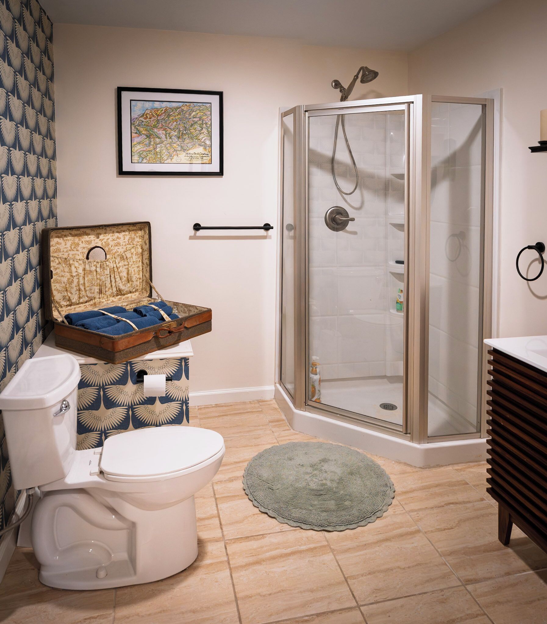 A bathroom with a toilet, a shower, a sink with a towel rack, a framed map on the wall, and patterned wallpaper.