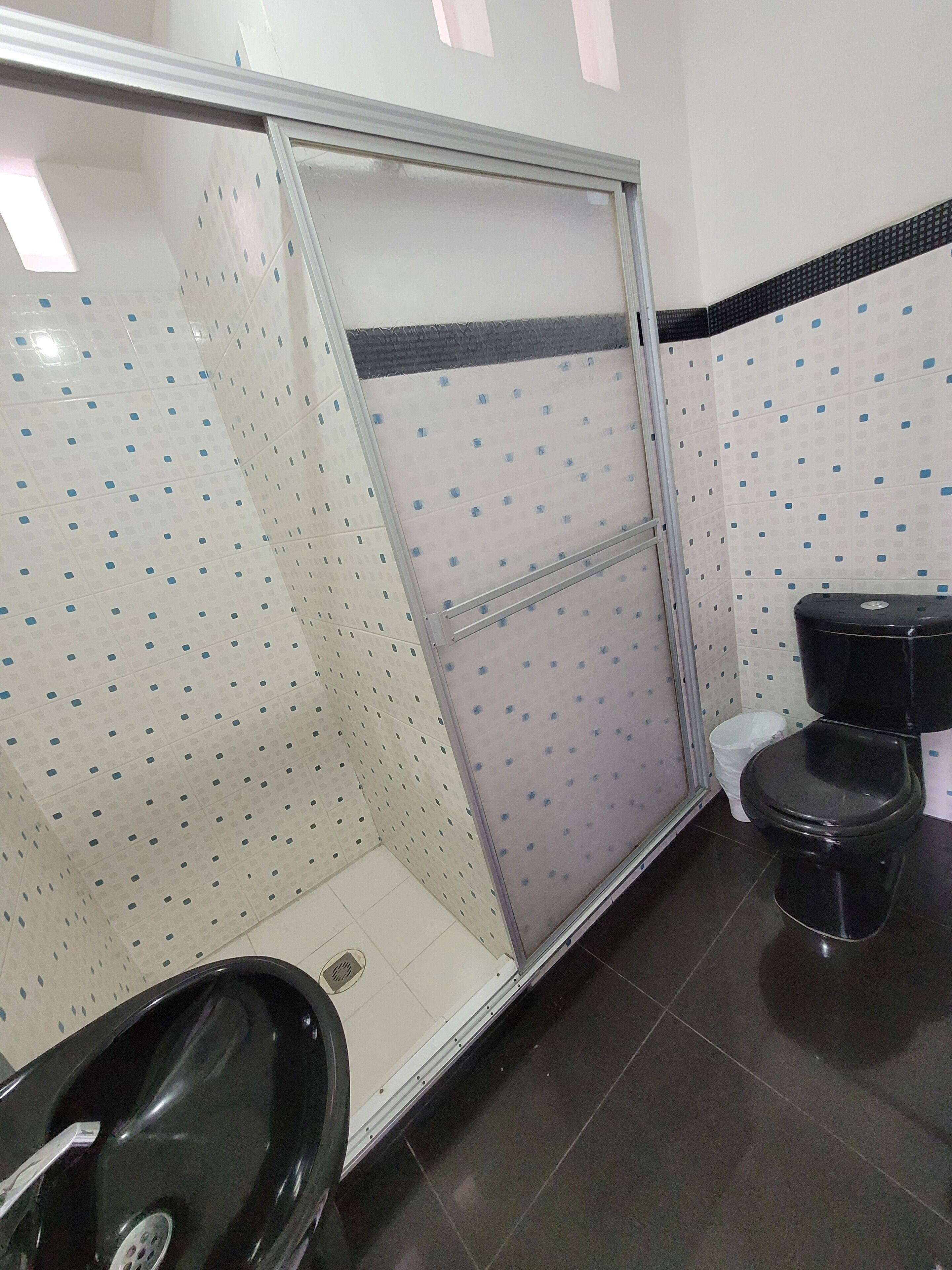 A bathroom with a shower enclosure, a toilet, and a bidet.
