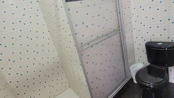 A bathroom with a shower enclosure, a toilet, and a bidet.