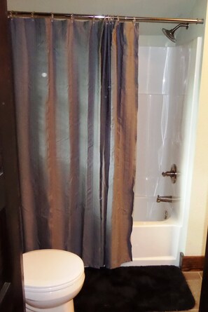 Dusche, Haartrockner, Handtücher, Shampoo