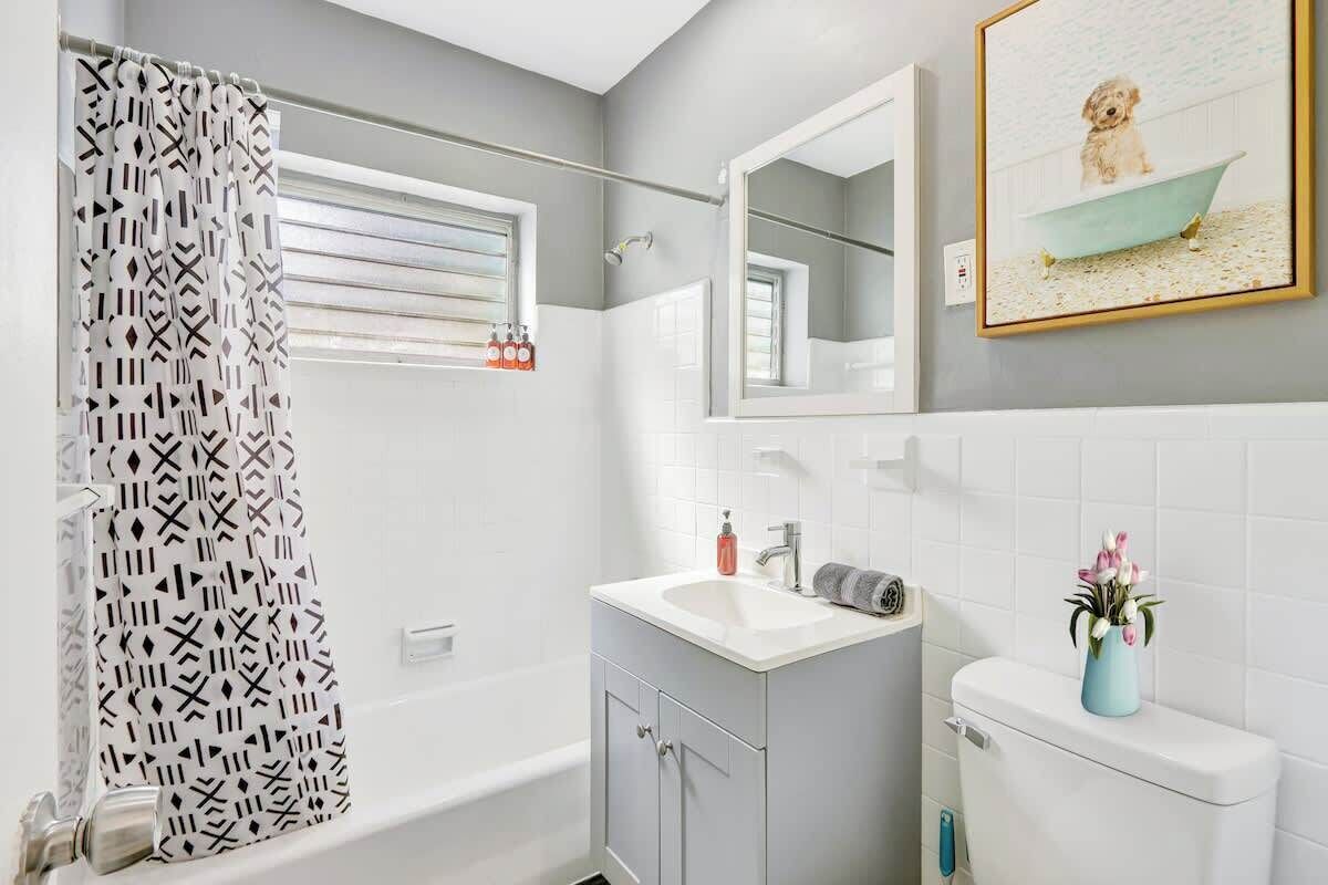 Shower, hair dryer, shampoo