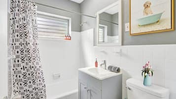 Shower, hair dryer, shampoo