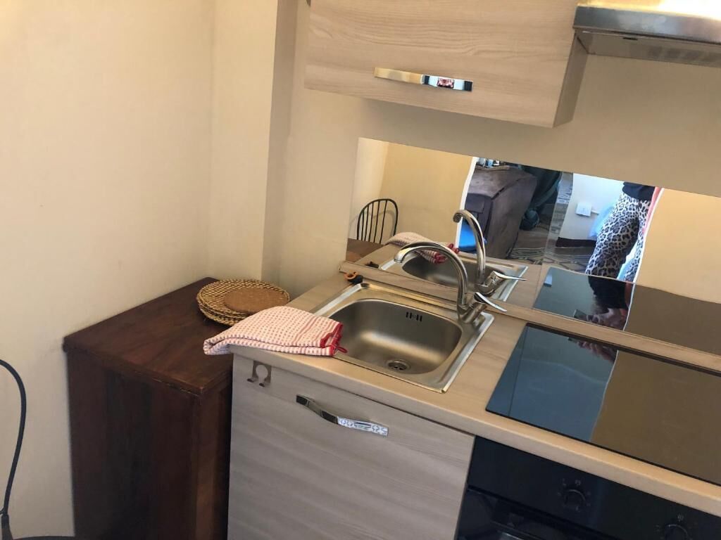 A compact kitchen with a stainless steel sink, a small countertop, and a dishwasher.