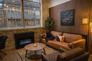TV, fireplace - Historic Loft | Soaring Ceilings, 2 Beds,Downtown (Spokane)