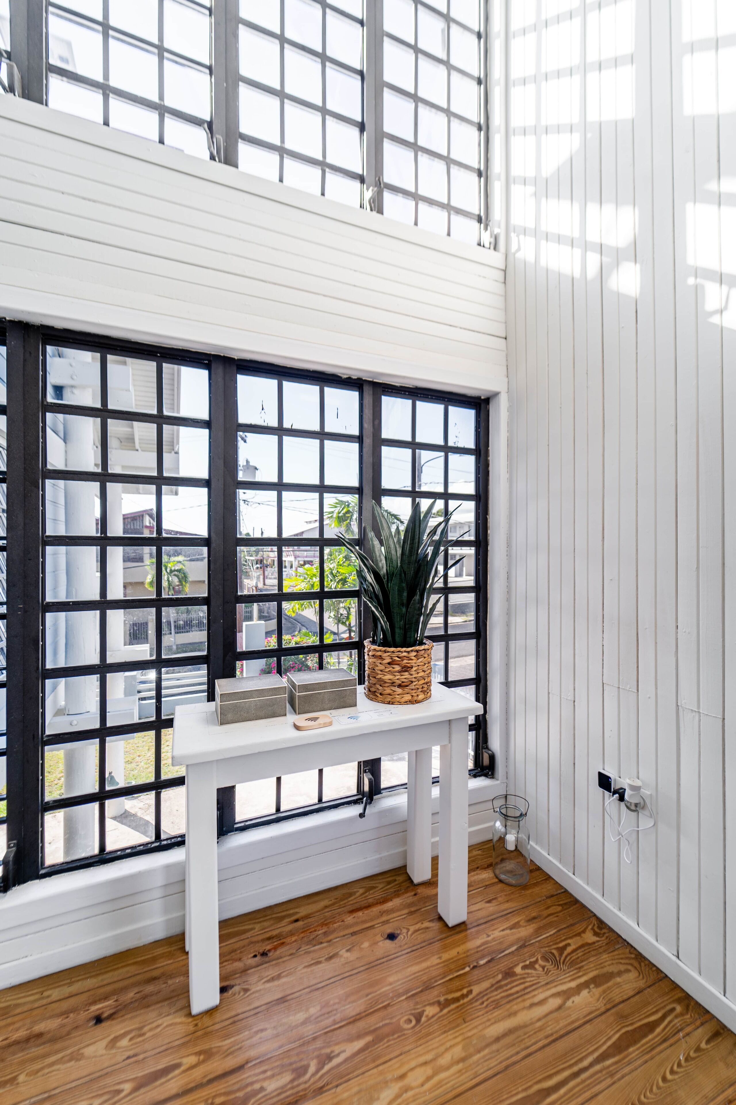 A room with a white table, a potted plant, and a window with black frames.