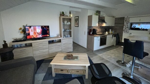 Ein modernes Wohnzimmer mit Fernseher, Sofa, Couchtisch und einer kleinen Küchenzeile mit Schränken und Herd.