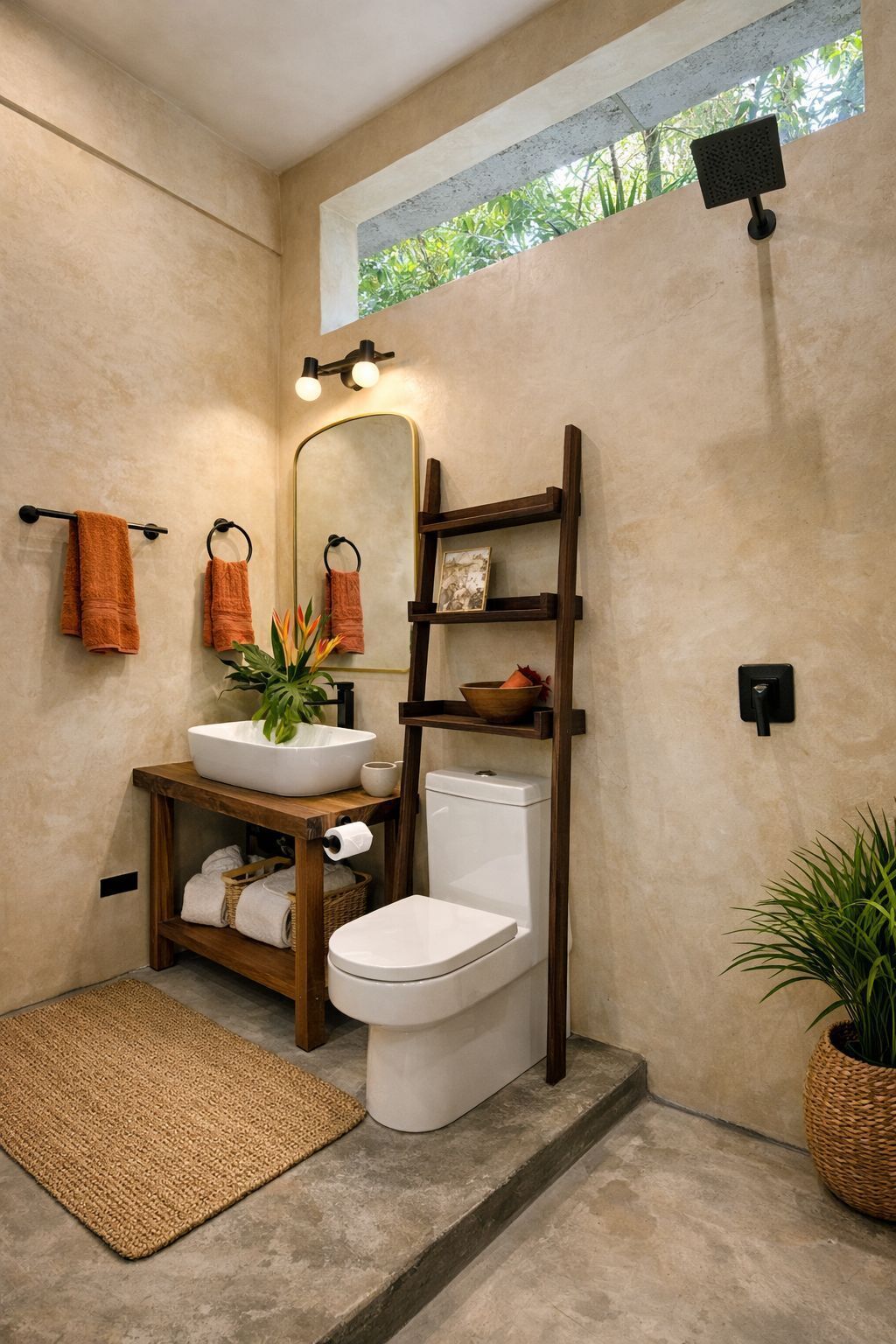 Un baño moderno con un espejo grande, un inodoro blanco y un estante de madera con toallas y artículos de aseo.