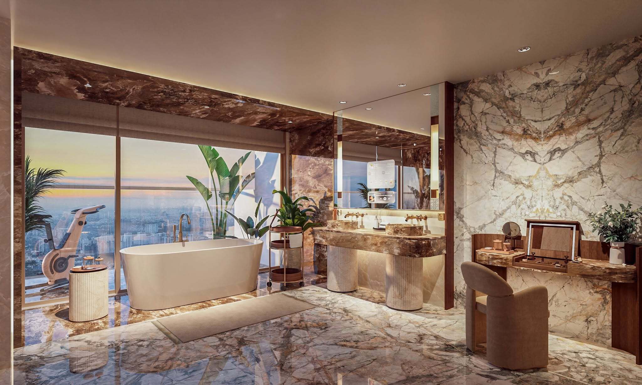 A modern bathroom with a large bathtub, a vanity with a marble countertop, and a city view through large windows.