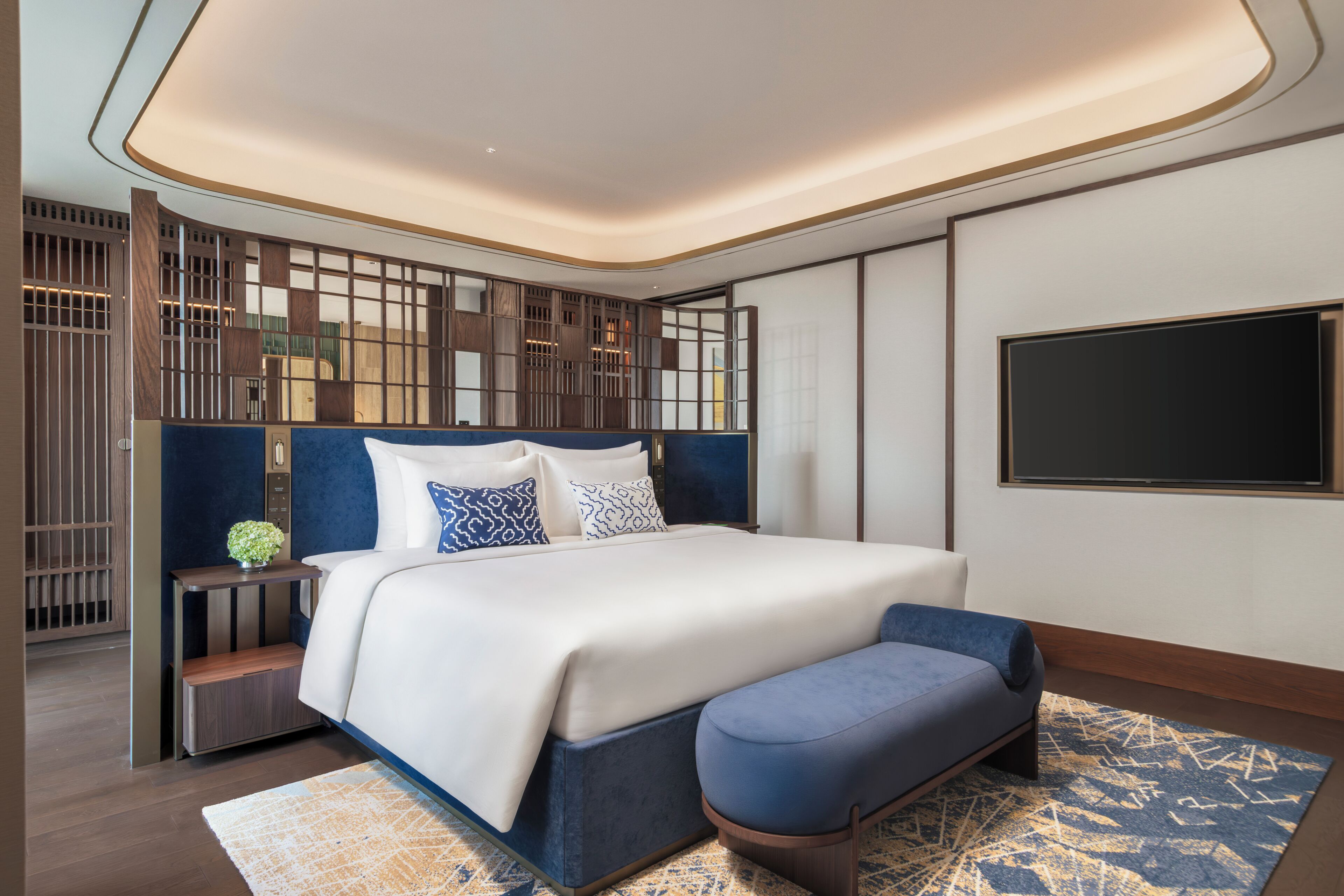 A modern bedroom with a large bed, a TV mounted on the wall, and a decorative partition.