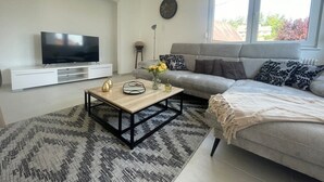 A modern living room with a flat-screen TV, a grey sofa, a coffee table, and a patterned rug.