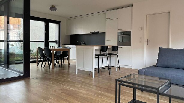 A modern kitchen with white cabinets, a black countertop, and a built-in oven. There is a dining area with a wooden table and black chairs. A gray sofa and a glass coffee table are in the living area. - Perfect connected to Downtown, Airport & Highway (Basel)
