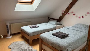 A bedroom with two single beds, a skylight, a radiator, and a fluffy rug. - 3rd Central 1 BR w/ 3 single beds 45m2 + 5mn from Basel (Saint-Louis)