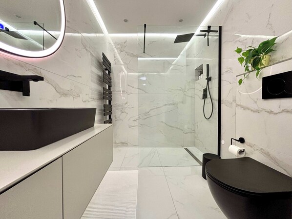 Shower, hair dryer, towels, shampoo
