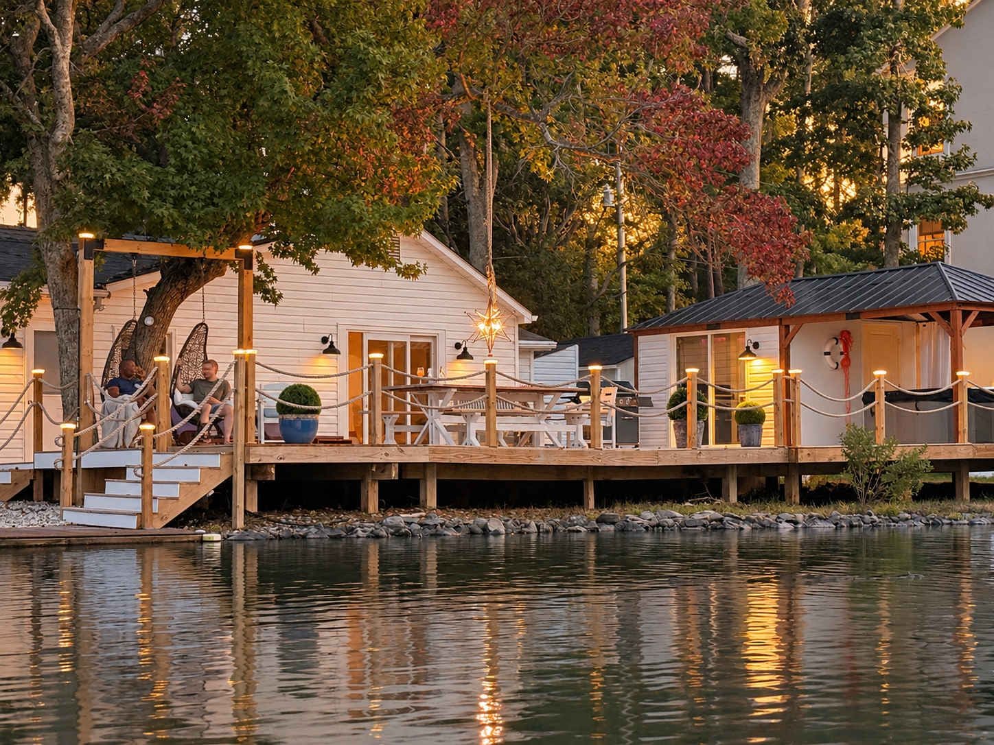 A waterfront property with a wooden deck, seating areas, and a building with a white exterior.