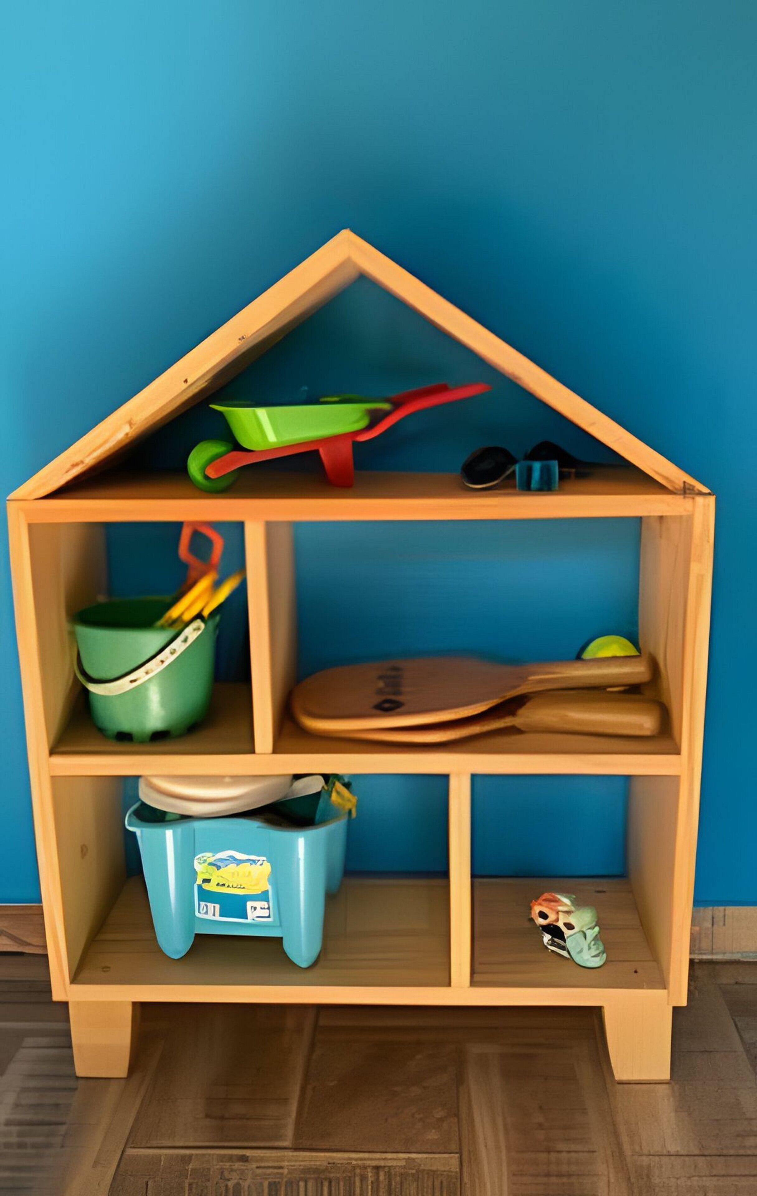 A wooden house-shaped storage unit with shelves containing various items.