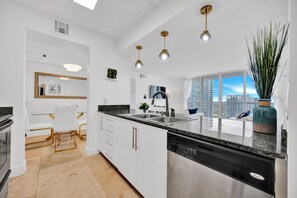 A modern kitchen with white cabinets, a black dishwasher, and a large window offering a city view.