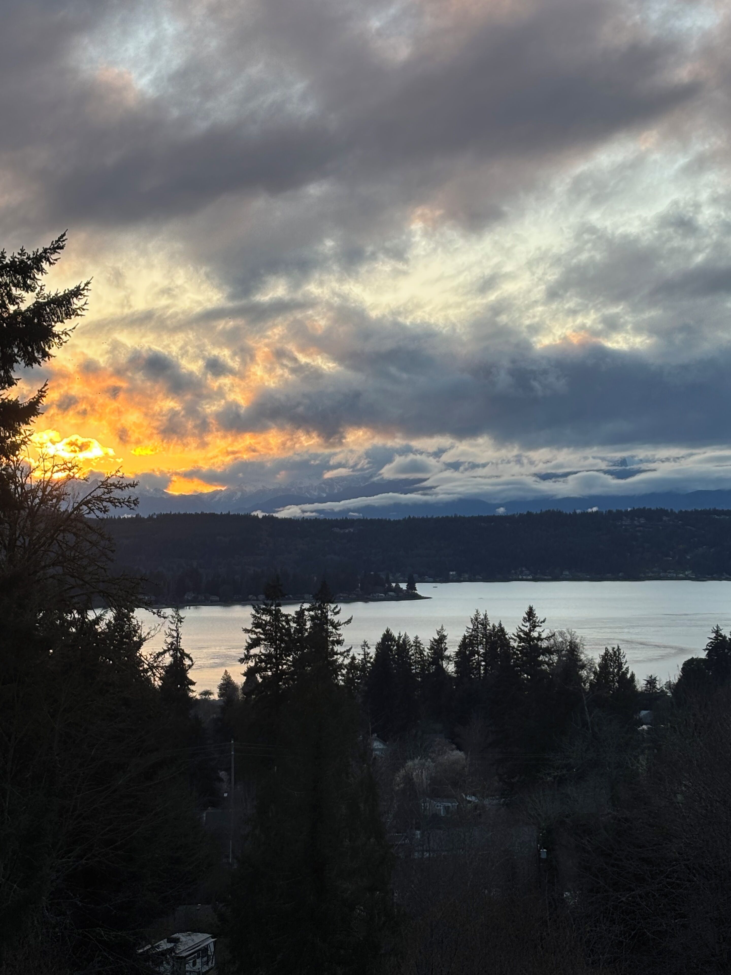 A lake with a sunset, surrounded by trees and distant mountains.