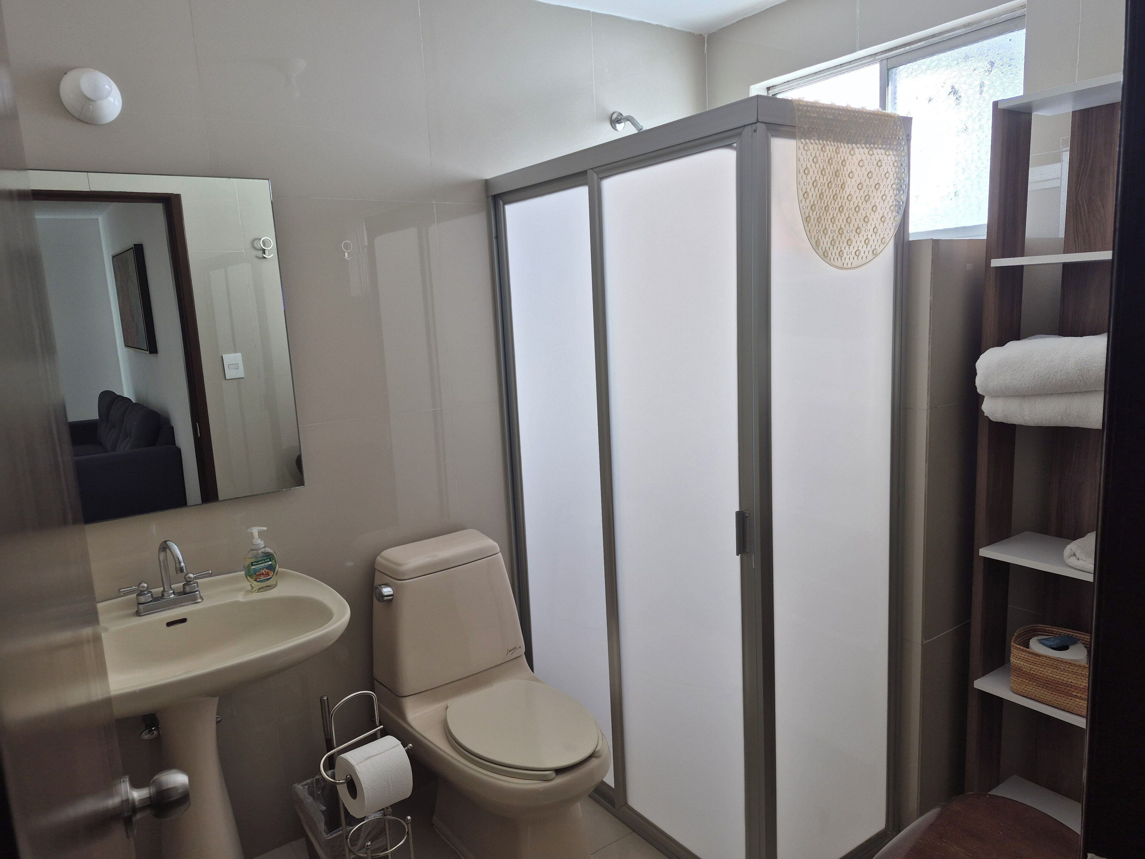 Un baño con inodoro, lavabo y ducha. Hay un espejo sobre el lavabo, y un estante con toallas y una cesta.