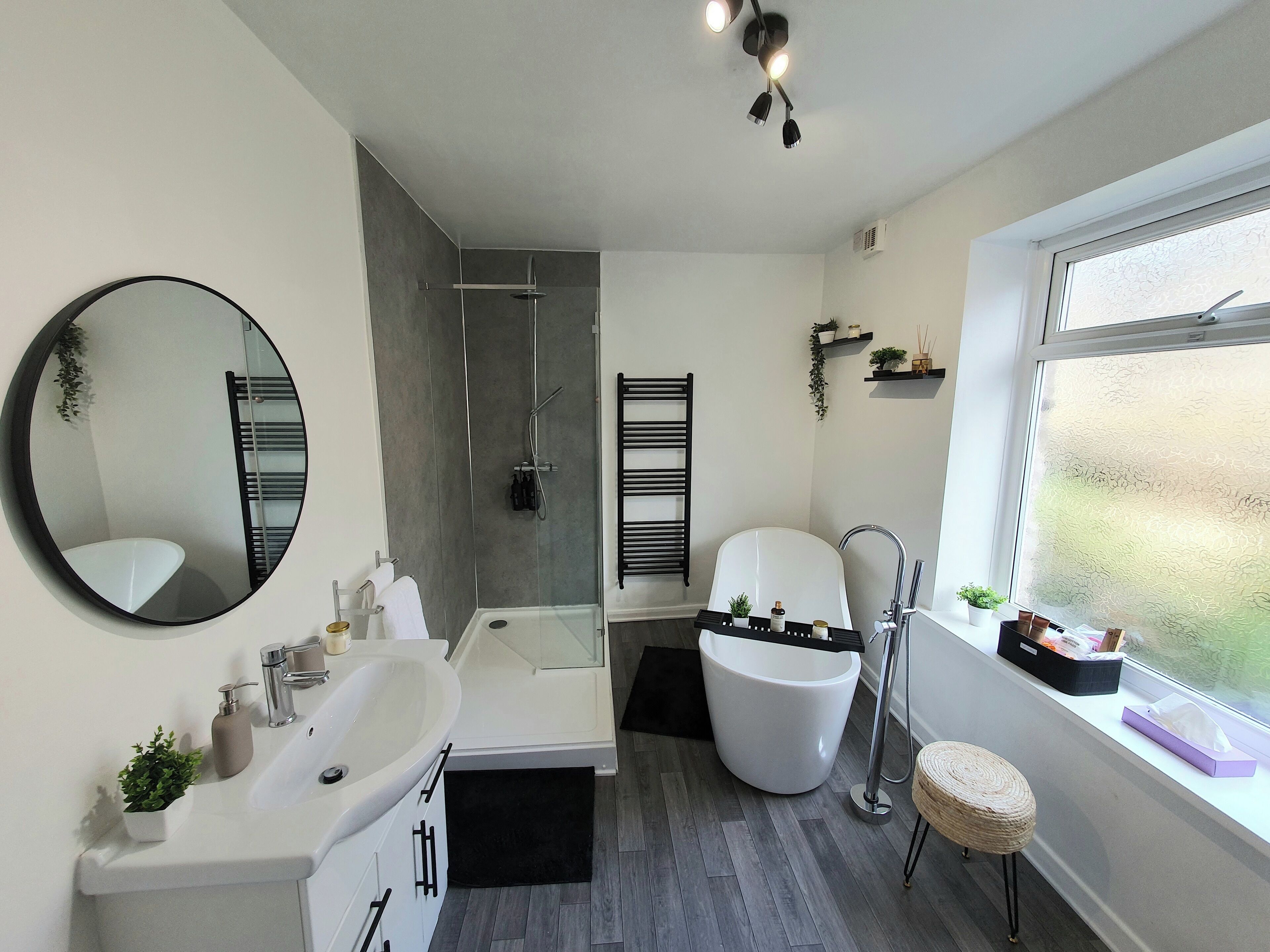 Hair dryer, towels, soap, shampoo