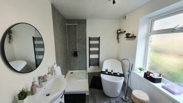 Hair dryer, towels, soap, shampoo