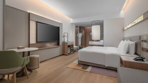 A modern hotel room with a large bed, a desk, a TV, and a walk-in closet.