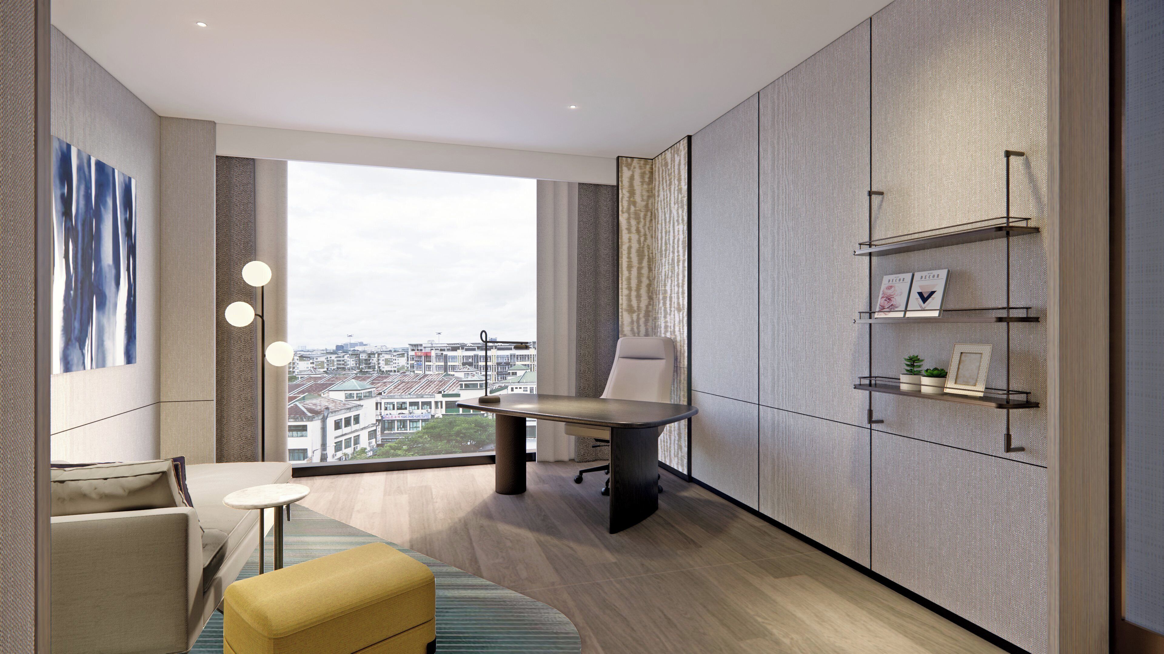 Peti besi dalam bilik, meja, ruang kerja komputer riba, kalis bunyi 