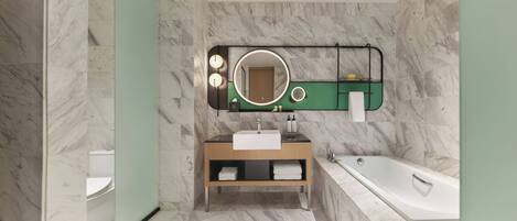A modern bathroom with a marble floor, a freestanding bathtub, a vanity with a mirror, and a green shelf above the mirror.