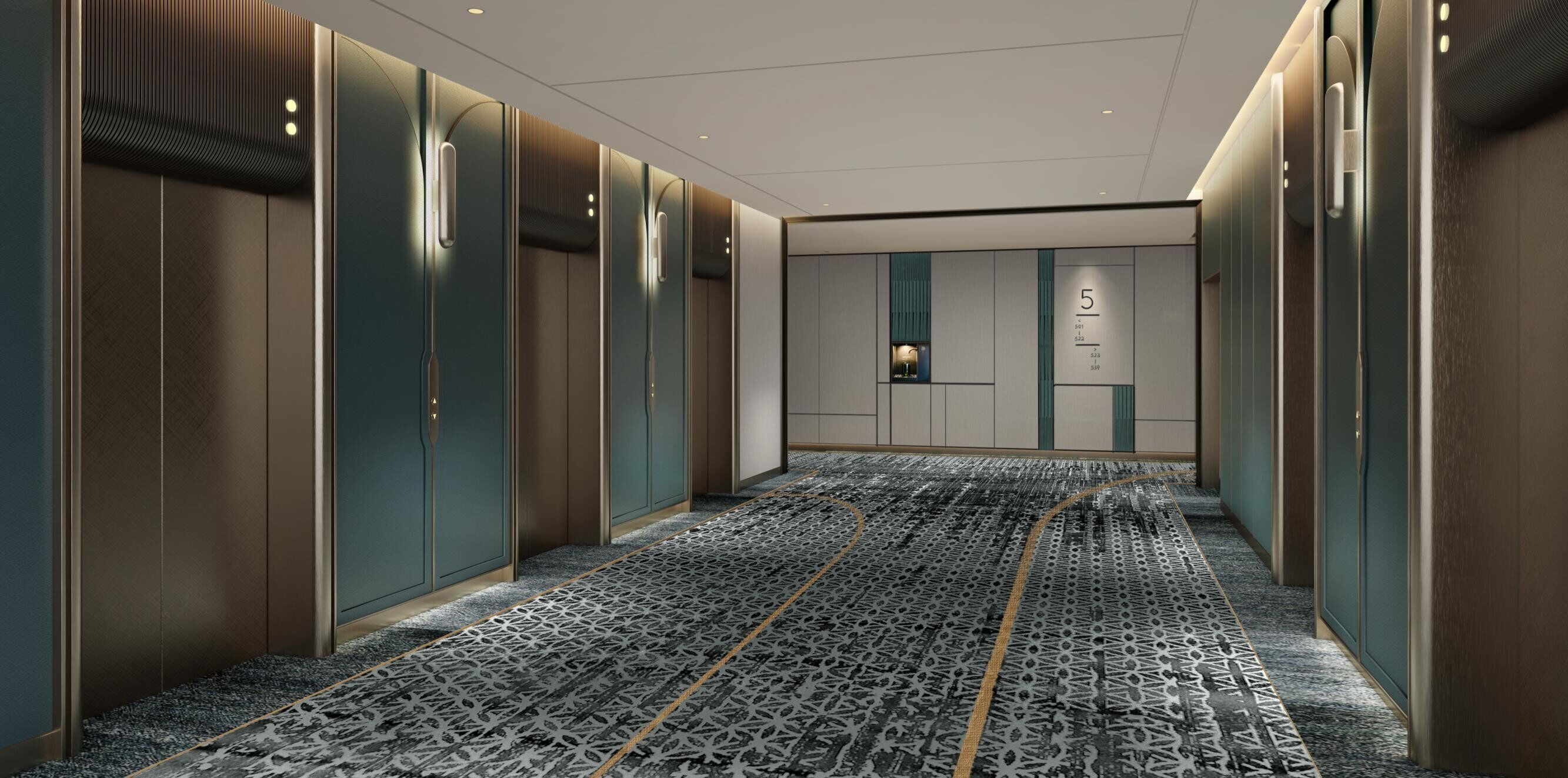 Un pasillo moderno con alfombra estampada, taquillas de madera y una pantalla digital que muestra los números de las habitaciones.