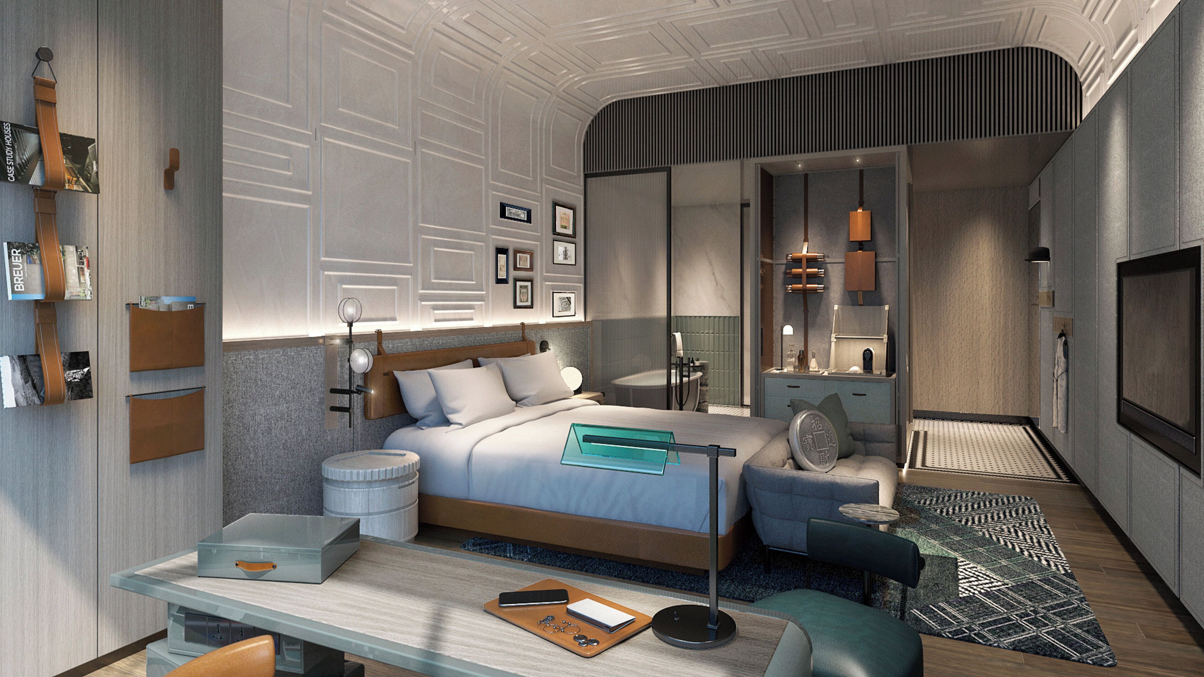 A modern bedroom with a bed, bedside tables, a desk, and a seating area.