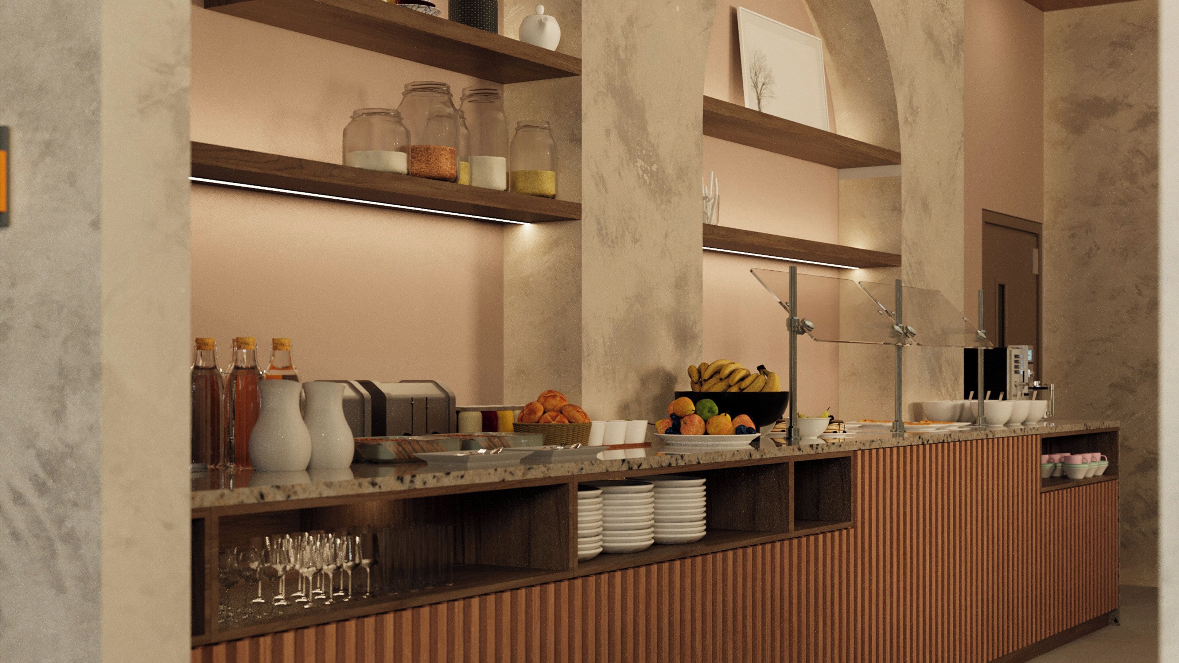 Una cocina moderna con encimeras de mármol, estantes de madera y una variedad de alimentos y utensilios de cocina.