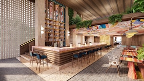 A modern bar area with a wooden bar counter, bar stools, and a variety of bottles on shelves. - Kimpton Suntaya Bali Ubud by IHG (Ubud)