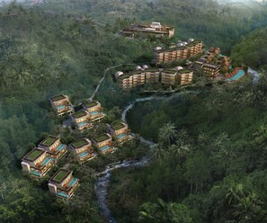 A resort with multiple buildings, each featuring rooftop gardens and swimming pools, surrounded by dense tropical forest and a winding river. - Kimpton Suntaya Bali Ubud by IHG (Ubud)