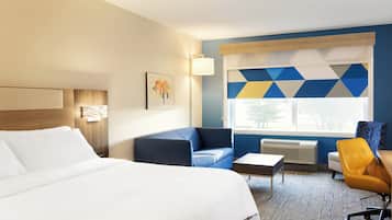 Desk, laptop workspace, blackout drapes, iron/ironing board