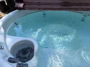 A hot tub with clear water, a drain, and a control panel. - Cute Cozy Cabin (Twain Harte)