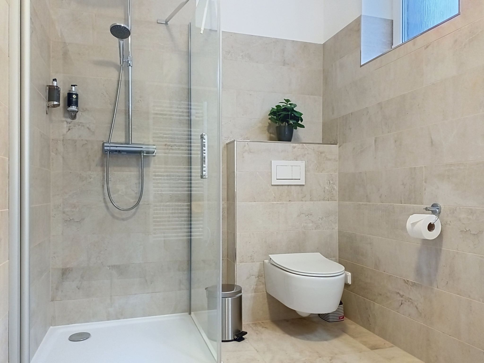 Une salle de bain moderne avec une douche à parois de verre, des toilettes et une petite plante en pot accrochée au mur.