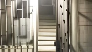 Eine Treppe mit Metallgeländer und einer teilweise geöffneten Tür.
