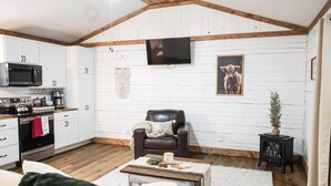 A cozy living room with a fireplace, a television mounted on the wall, and a comfortable seating area. - Cozy 1-bedroom cabin in the Hocking Hills of Ohio (Londonderry)