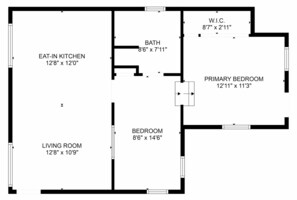 A floor plan of a house with an eat-in kitchen, living room, two bedrooms, a bathroom, and a W.C. - Charming Downtown Cottage with Free Parking (Eureka Springs)
