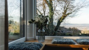 Assento junto à janela com um vaso de flores, vista para árvores e um banco com almofadas fofas.