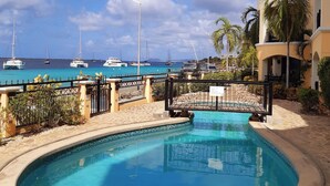 Una piscina con vista al mar y a barcos, rodeada por una valla y palmeras.