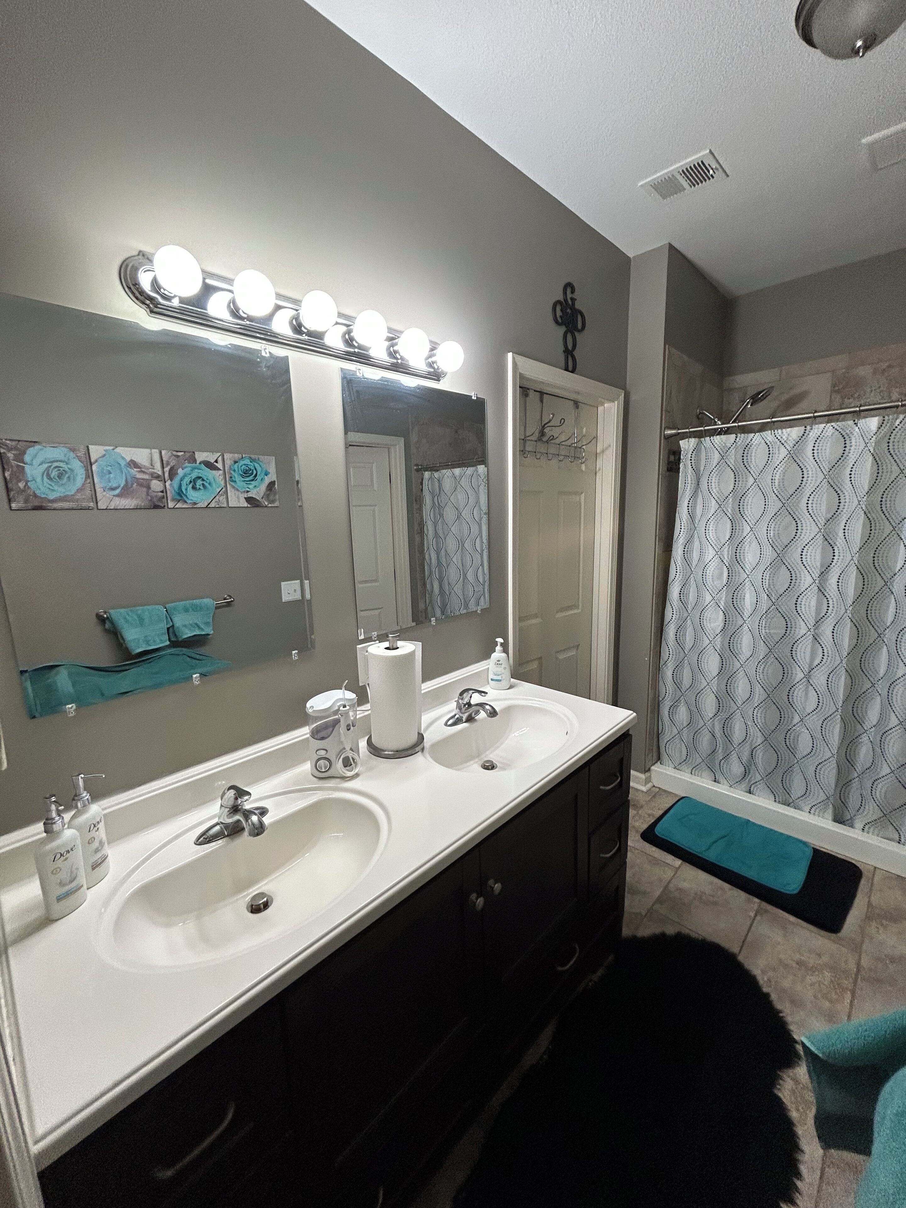 Shower, towels, toilet paper