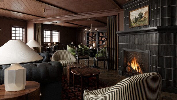 A cozy lounge area with leather sofas, striped armchairs, a fireplace, and a bookshelf. - The Drew Hotel (Plymouth)