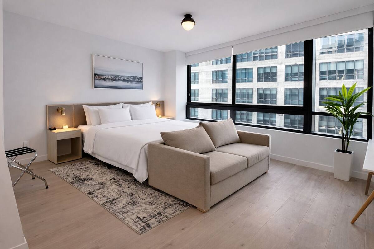 A modern hotel room with a bed, a sofa, a nightstand, a bedside lamp, a window with a city view, and a potted plant.