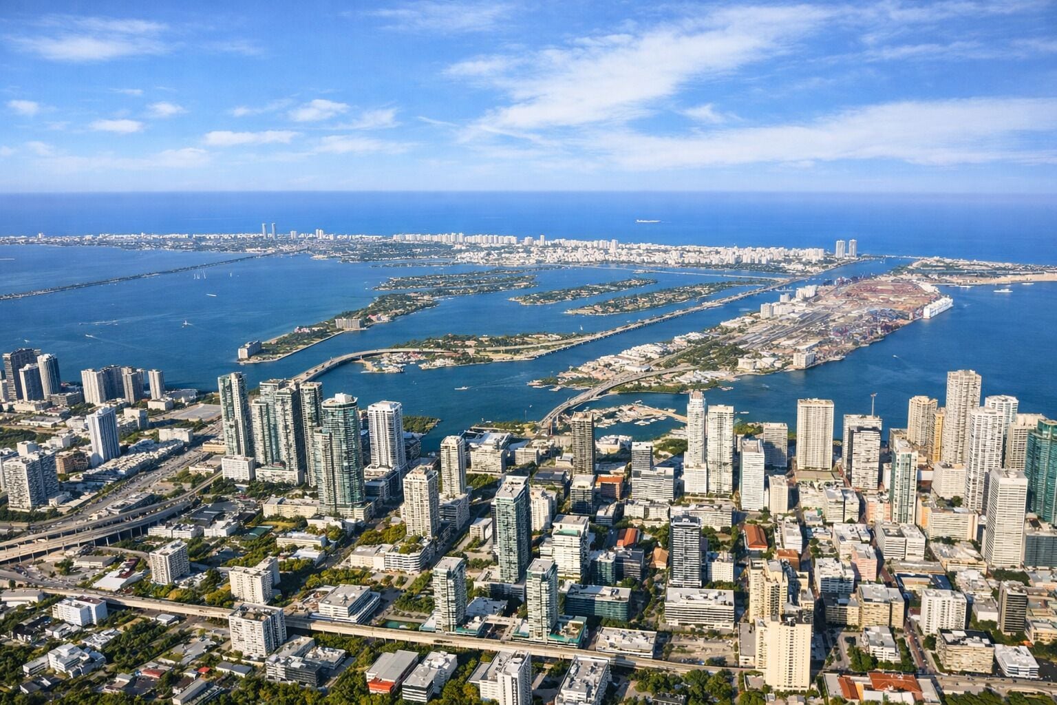 Une vue aérienne d’une ville côtière avec de hauts immeubles, un port de plaisance et un pont.
