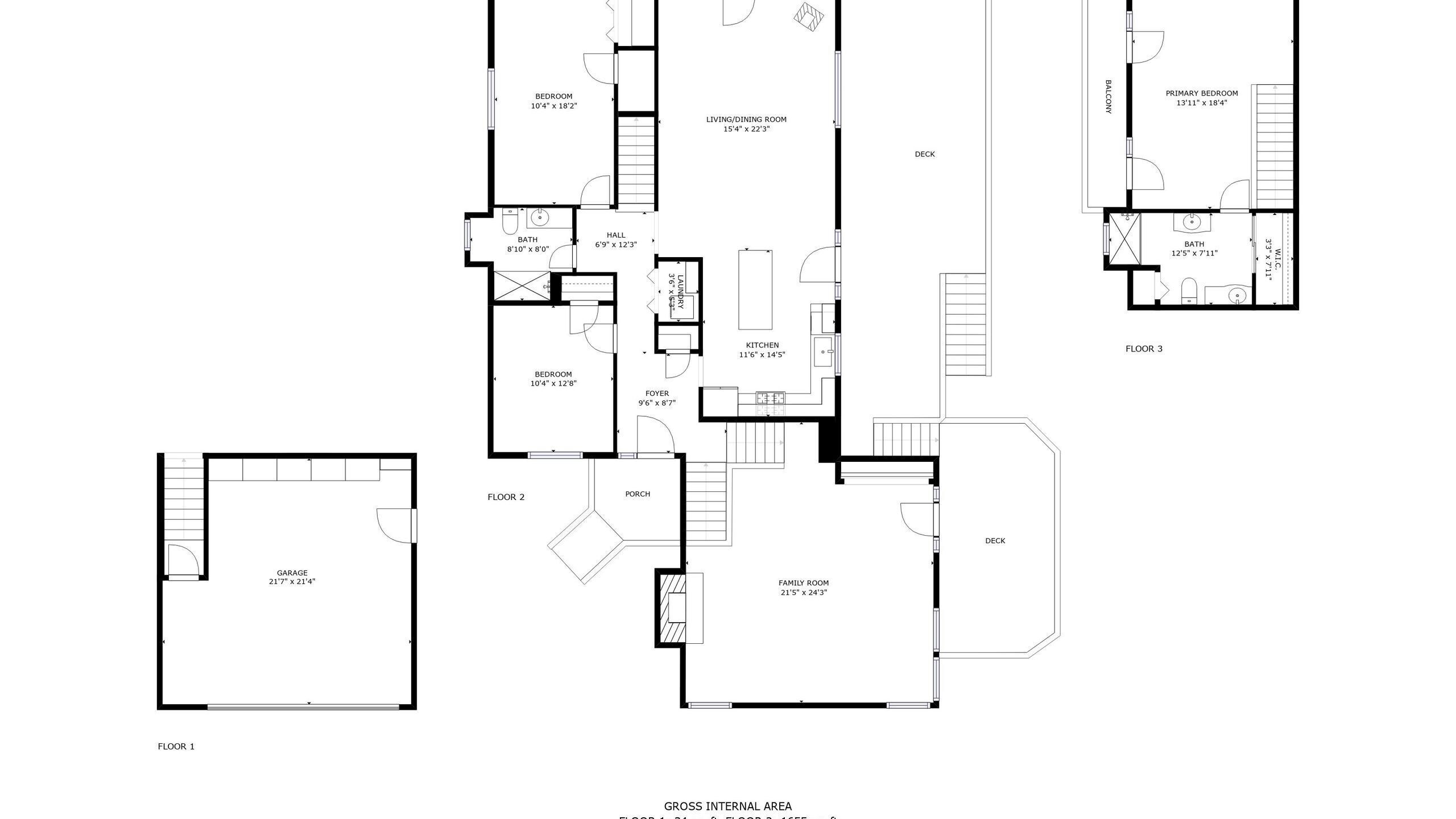 A floor plan with a bedroom, living/dining room, balcony, kitchen, bathroom, foyer, family room, porch, and garage.