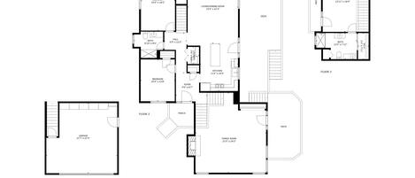A floor plan with a bedroom, living/dining room, balcony, kitchen, bathroom, foyer, family room, porch, and garage.