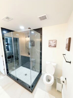 Dusche, Haartrockner, Handtücher, Toilettenpapier