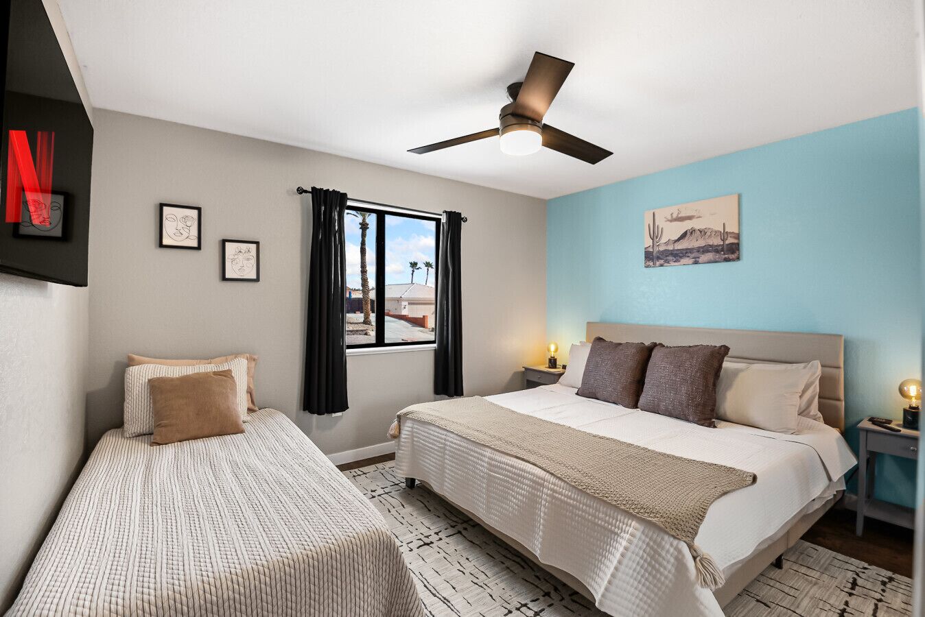 4 bedrooms, desk, iron/ironing board, travel cot